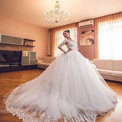 Long-Sleeves Tulle Appliques Ball Luxurious Sweetheart Wedding Dresses_5