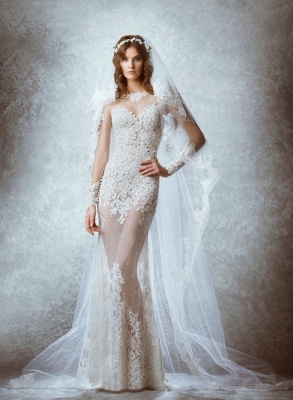 Long Sleeves Sheer Lace Wedding Dresses Removable Overskirt A-line Elegant Bridal Gowns_2