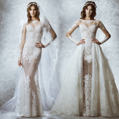 Long Sleeves Sheer Lace Wedding Dresses Removable Overskirt A-line Elegant Bridal Gowns_3