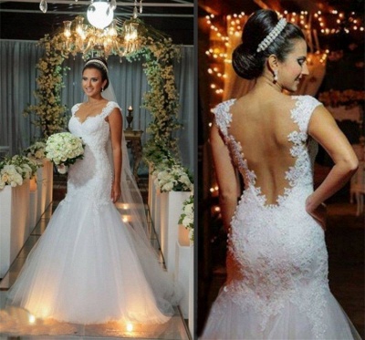 Elegant Lace Mermaid Floor Length Open Back Bridal Gowns Wedding Dress_3