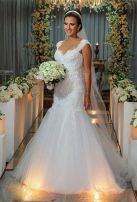 Elegant Lace Mermaid Floor Length Open Back Bridal Gowns Wedding Dress_1