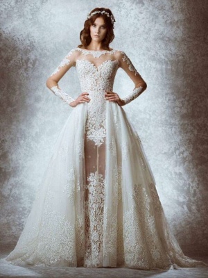Long Sleeves Sheer Lace Wedding Dresses Removable Overskirt A-line Elegant Bridal Gowns_1