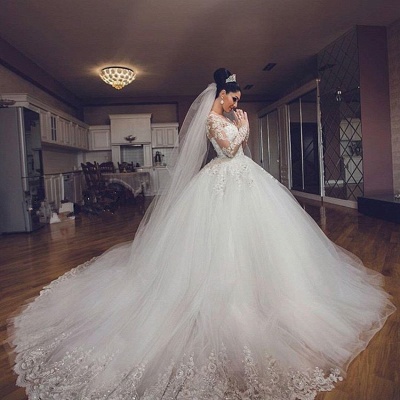 Long-Sleeves Tulle Appliques Ball Luxurious Sweetheart Wedding Dresses_4