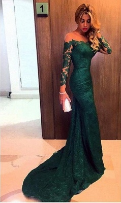 Dark Green Evening Gowns Long Sleeves Lace Elegant Mermaid Prom Dresses_1