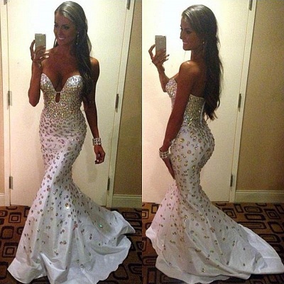 Sexy Diamond Mermaid White Evening Gowns Deep Neck Rhinestones Shiny Prom Dresses_2