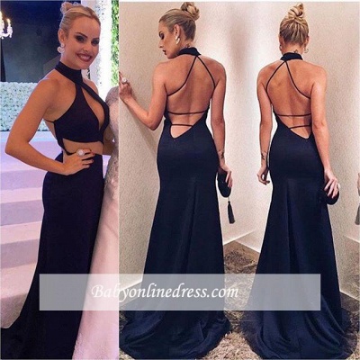 Alluring Halter Black Backless Prom Dresses Sheath Sleeveless Sweep-Train Evening Gowns_3