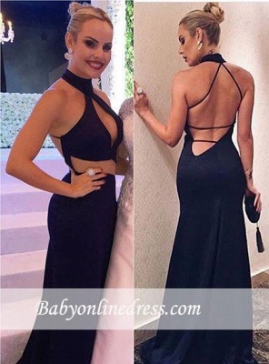 Alluring Halter Black Backless Prom Dresses Sheath Sleeveless Sweep-Train Evening Gowns_1