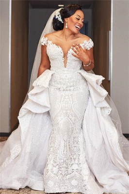 Elegant Off the Shoulder Lace Wedding Dresses With Detachable Train_1