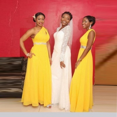 A-line One-Shoulder Beads Modern Chiffon Yellow Bridesmaid Dress_3