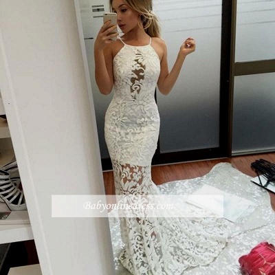 Lace White Long Mermaid Elegant Jewel Prom Dresses_1