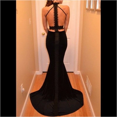 Black Mermaid Prom Dresses Halter Neck Lace Top Sexy Long Evening Gowns_4