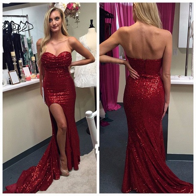 Sexy Red Sequined Sweetheart Prom Dresses Side Slit with Ruffles_3