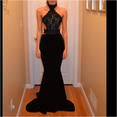 Black Mermaid Prom Dresses Halter Neck Lace Top Sexy Long Evening Gowns_3