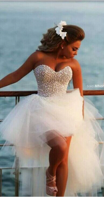 Beach Wedding Gowns Beading Pearls Hi Lo Sweetheart Ruched Ruffle Tulle Bridal Dresses_1