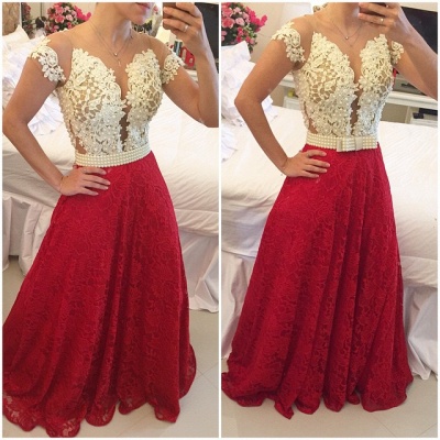 A-Line Short Sleeves Lace Prom Dresses Deep V-Neck illusion Beaded Party Dresses_2