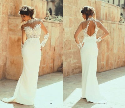 High Neck Illusion Lace Sheath Wedding Dresses Hollow Back Court Train Bridal Gowns_2
