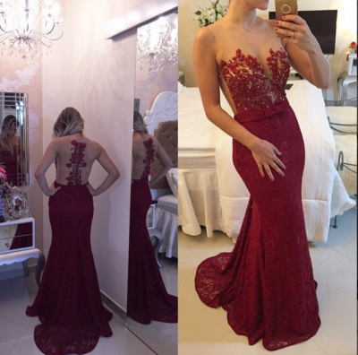 Burgundy Lace Applique Beading Mermaid Prom Dresses Sheer Tulle New Evening Gowns_2