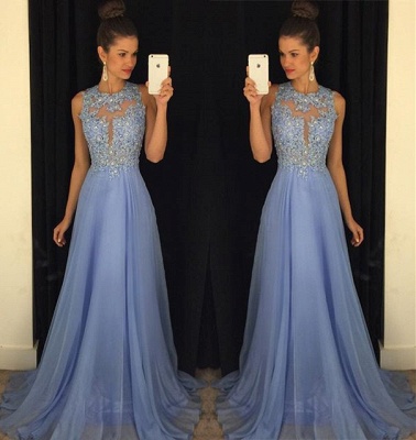 Long Prom Dresses Lace Appliques Beaded Chiffon A-line Elegant Evening Gowns_3