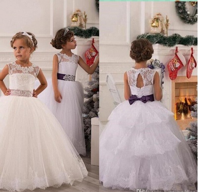 Lace Appliques Sleeveless Flower Girl Dresses Floor Length Party Gown with Sash Bow_2