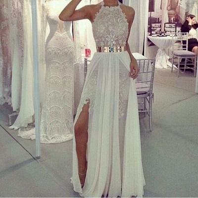 Halter Long Prom Dresses Lace Appliques Side Split Chiffon Sexy Evening Gowns_3