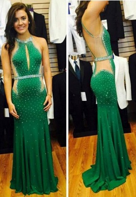 Green Mermaid Prom Dresses Beaded Keyhole Neck Cutaway Sides Chiffon Evening Gowns_1