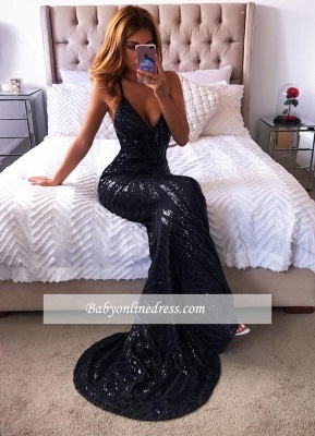 Mermaid New Black Spaghetti-Straps Long Prom Dresses_2