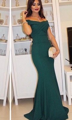 2018 Dark Green Mermaid Evening Gowns Off the Shoulder Short Sleeves Ruched Long Formal Party Dresses_2