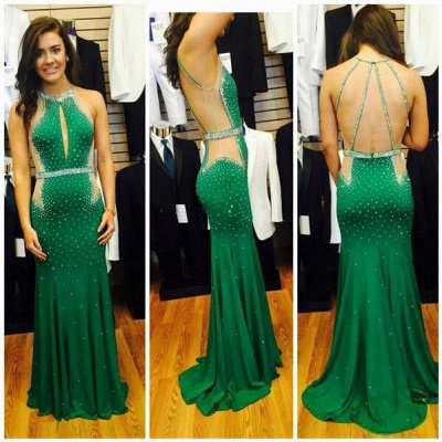 Green Mermaid Prom Dresses Beaded Keyhole Neck Cutaway Sides Chiffon Evening Gowns_3