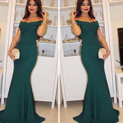 2018 Dark Green Mermaid Evening Gowns Off the Shoulder Short Sleeves Ruched Long Formal Party Dresses_3