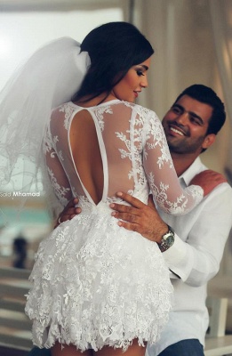 White A-Line Lace Wedding Dresses 2020 Mini Jewel Long Sleeve Cheap Beach Bridal Dresses_2