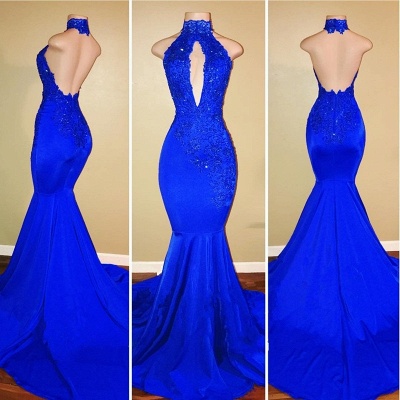 Royal Blue Mermaid Prom Dresses | Halter Backless Evening Gowns with Keyhole Neckline_3