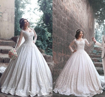 2020 Ball Gown Wedding Dresses Long Sleeves Chapel Train Bridal Gowns with Beadings_4