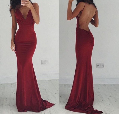 Mermaid Burgundy Prom Dresses Backless V-Neck Evening Gown_3