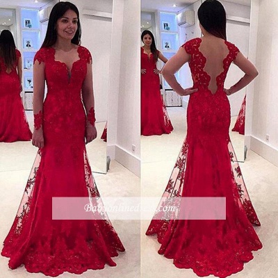 Red Lace Long-Sleeve Sweep-Train A-line Modern Prom Dress_1