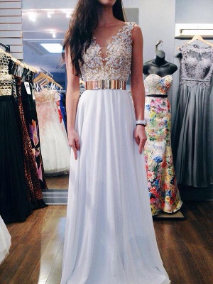 White Chiffon Prom Dresses Beaded Top v Neck Backless Luxury Evening Gowns_1