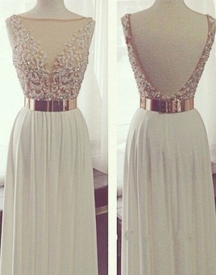 White Chiffon Prom Dresses Beaded Top v Neck Backless Luxury Evening Gowns_2