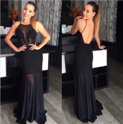 Black Halter Neck Illusion Prom Dresses Open Back Spaghettis Straps Long Sexy Evening Gowns_3