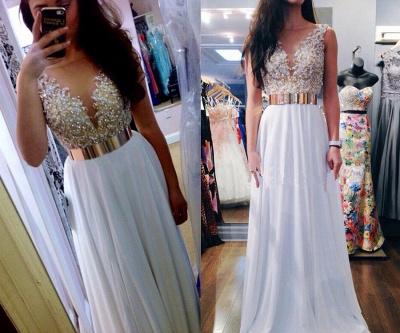 White Chiffon Prom Dresses Beaded Top v Neck Backless Luxury Evening Gowns_3