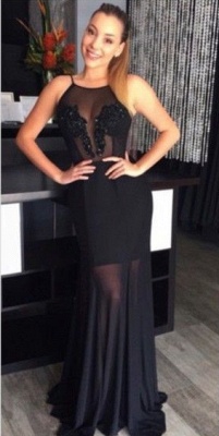 Black Halter Neck Illusion Prom Dresses Open Back Spaghettis Straps Long Sexy Evening Gowns_1