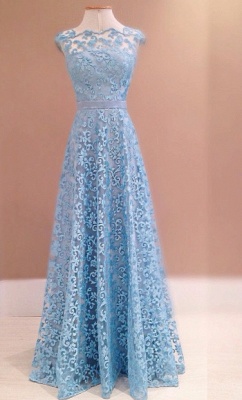 Blue Lace Prom Dresses Open Back Sleeveless A-Line Formal Evening Gowns_3
