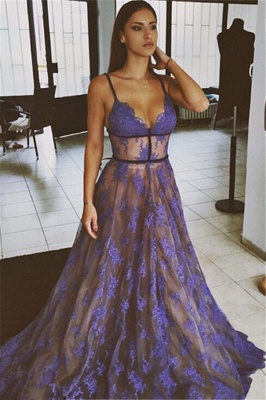Purple Lace Prom Dresses Spaghettis Straps Nude Lining Long Sexy Evening Gowns_1