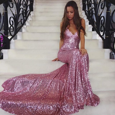 Mermaid Long Rose Pink Prom Party Dresses Sequins Spaghetti Strap Evening Gowns_4