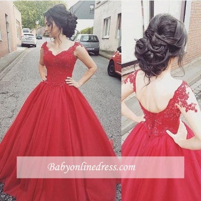 New Arrival Modern Red Tulle Lace-up Party Gowns Lace Prom Dress BA4632_1