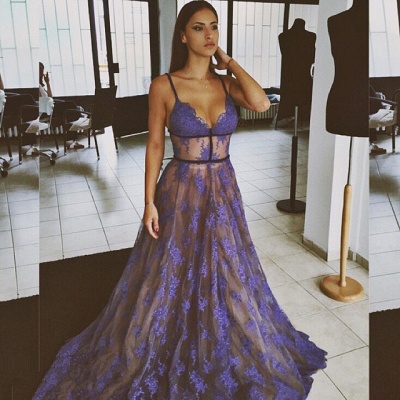 Purple Lace Prom Dresses Spaghettis Straps Nude Lining Long Sexy Evening Gowns_3