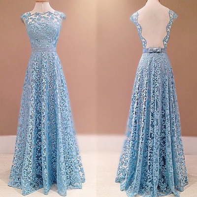 Blue Lace Prom Dresses Open Back Sleeveless A-Line Formal Evening Gowns_4