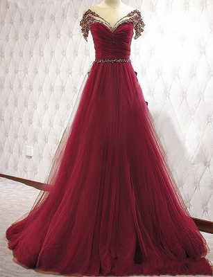 New Arrival Tulle A-line Prom Dresses Short Sleeves Crystal Evening Gowns_1