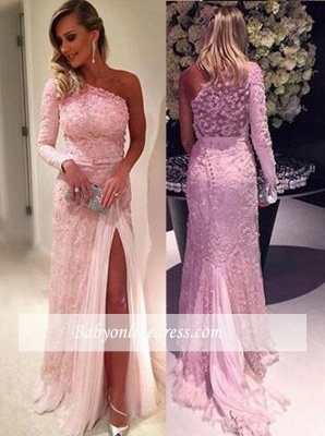 Split Pink Long-Sleeve Lace Elegant Evening Dresses_3