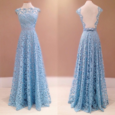 Blue Lace Prom Dresses Open Back Sleeveless A-Line Formal Evening Gowns_1