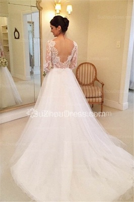 Lace Long Sleeves Wedding Dresses Backless Pearls Belt Court Train Bridal Gowns_2