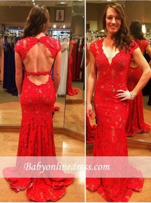 Long Open-Back Sexy Ruby Mermaid Lace Evening Dresses_1